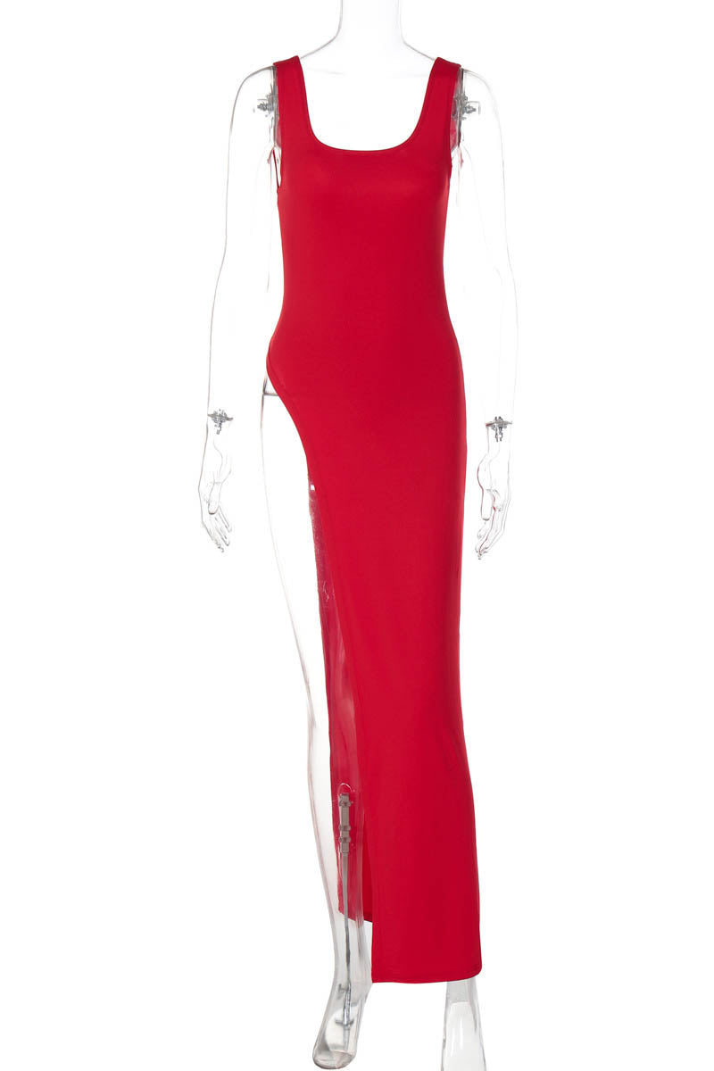 Fitted Top - Asymmetrical Slit, Sleeveless Design