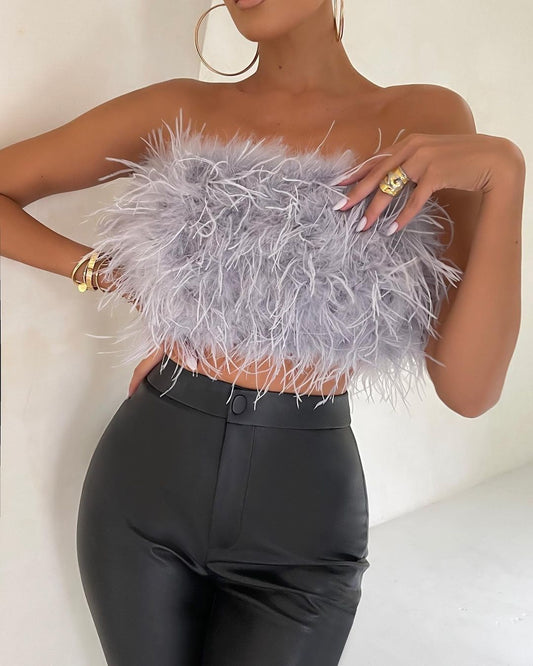 Feather Bandeau Top - Strapless Embellished Design