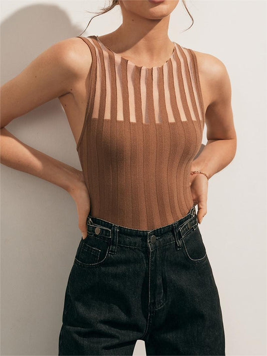 Ribbed Knit Top - Sheer Stripe Sleeveless Design