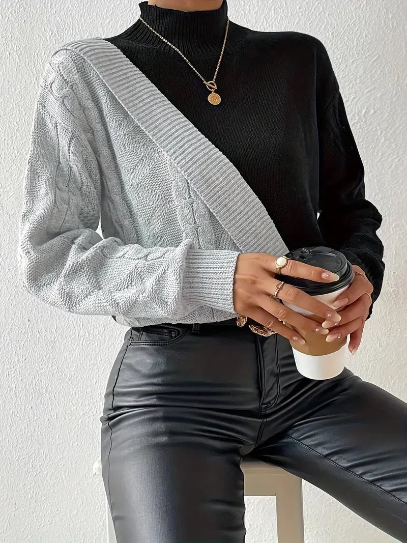 Women's Sweater – Color Block Turtleneck, Cable Knit Design-54586-ba97541c-c33f-4ca9-898c-f6e52545e917