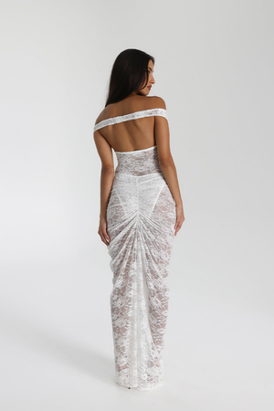 Lace Off-Shoulder Gown - Asymmetrical Hem