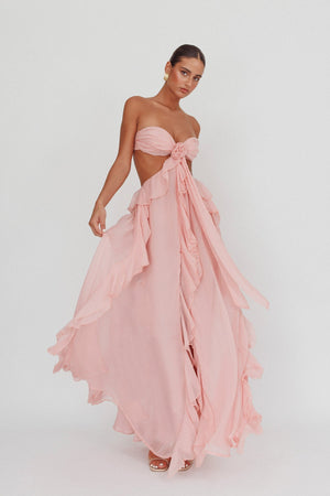 Women's Strapless Ruffle Cut-Out Flowing Dress - Elegant Occasion-83518-cc694b8b-1bb4-492a-90e2-f2759ae79db4