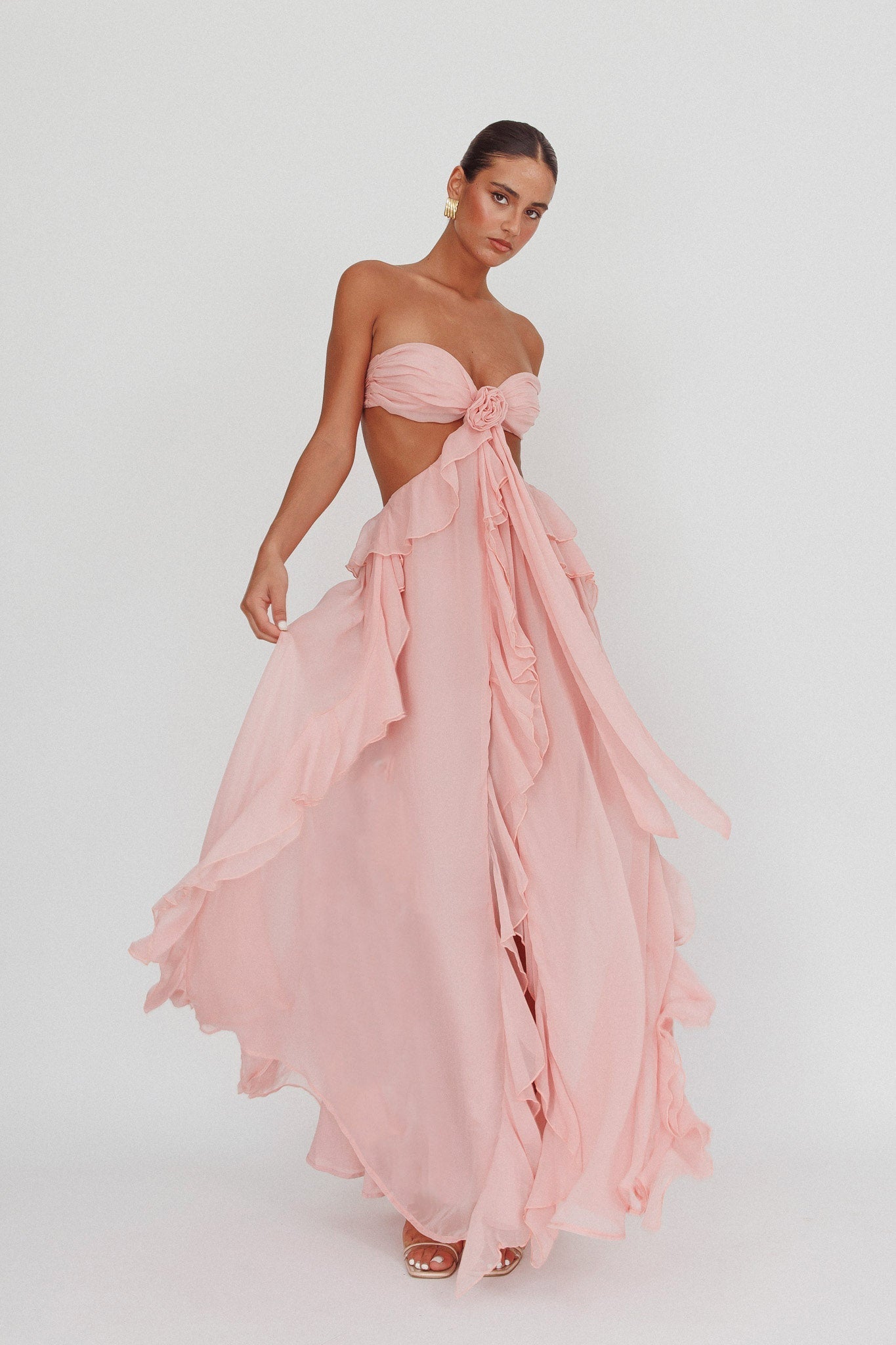 Women's Strapless Ruffle Cut-Out Flowing Dress - Elegant Occasion-83518-cc694b8b-1bb4-492a-90e2-f2759ae79db4