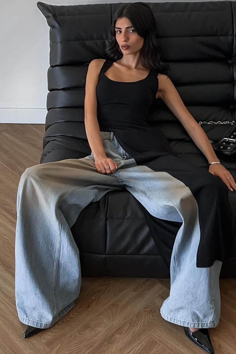 Fitted Top - Asymmetrical Slit, Sleeveless Design