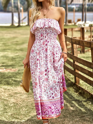 Floral Print Midi Dress - Strapless with Slit