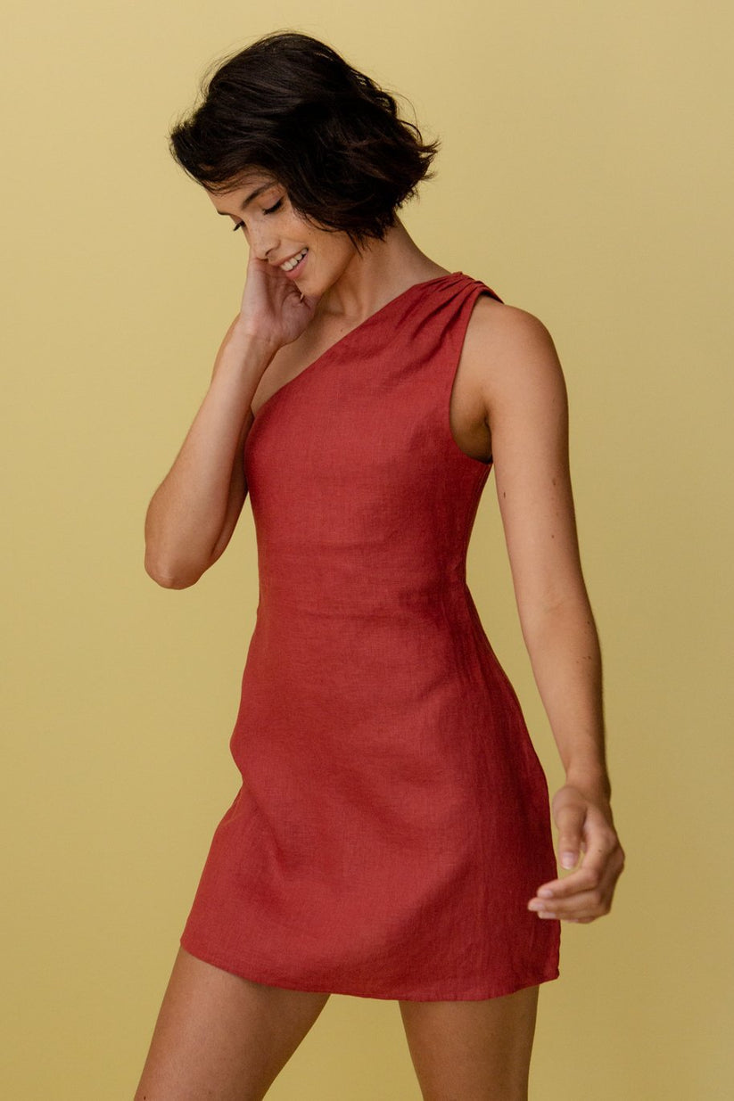 Basicfold Women's Linen One-Shoulder Mini Dress – Asymmetrical Neckline-83276-cf7481e4-97bd-4617-b5c5-ab28731d5efb