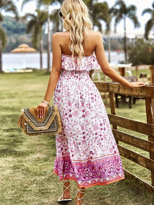 Floral Print Midi Dress - Strapless with Slit