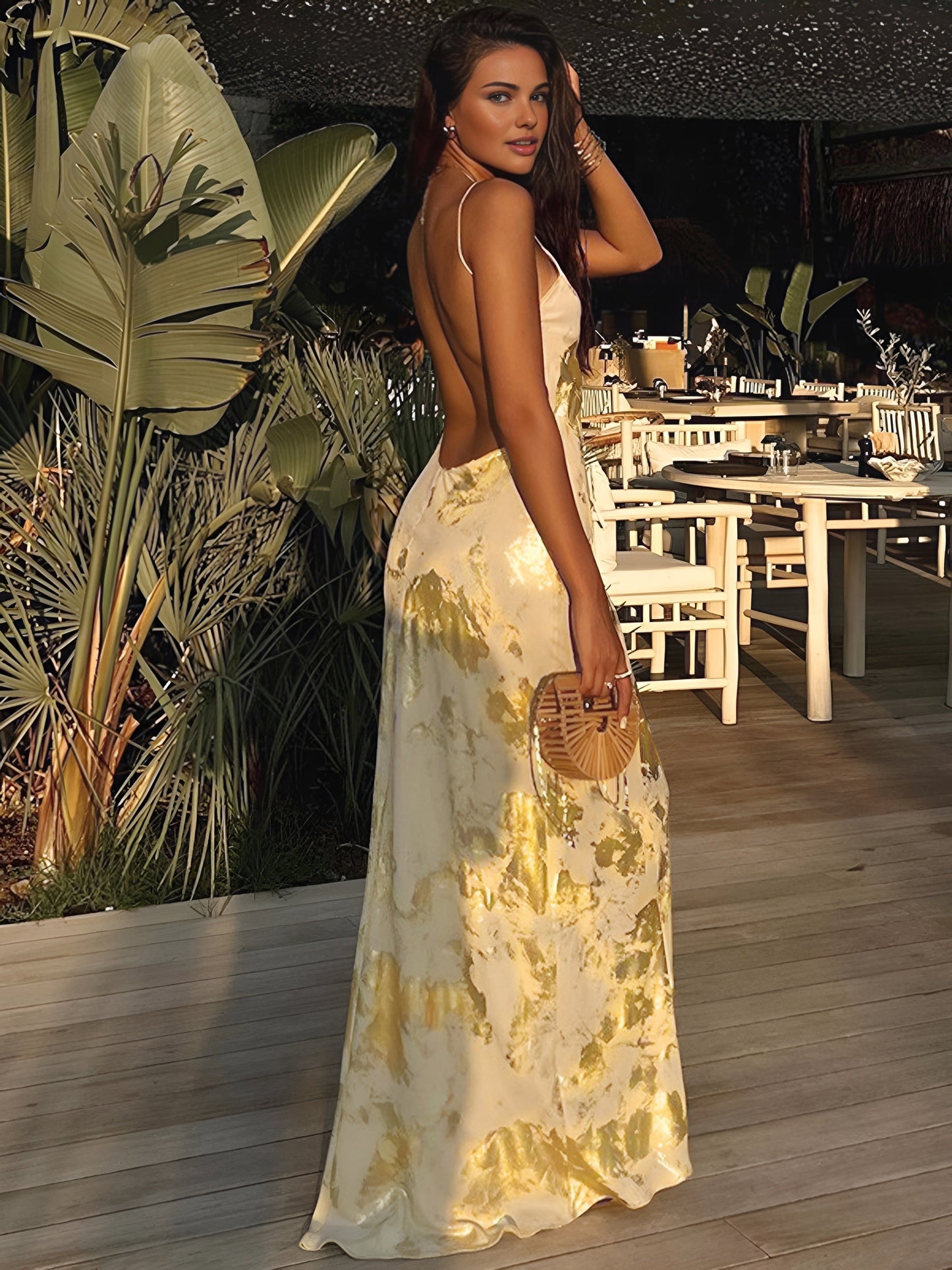 Metallic Gown - Plunging Neck, Gold Accents