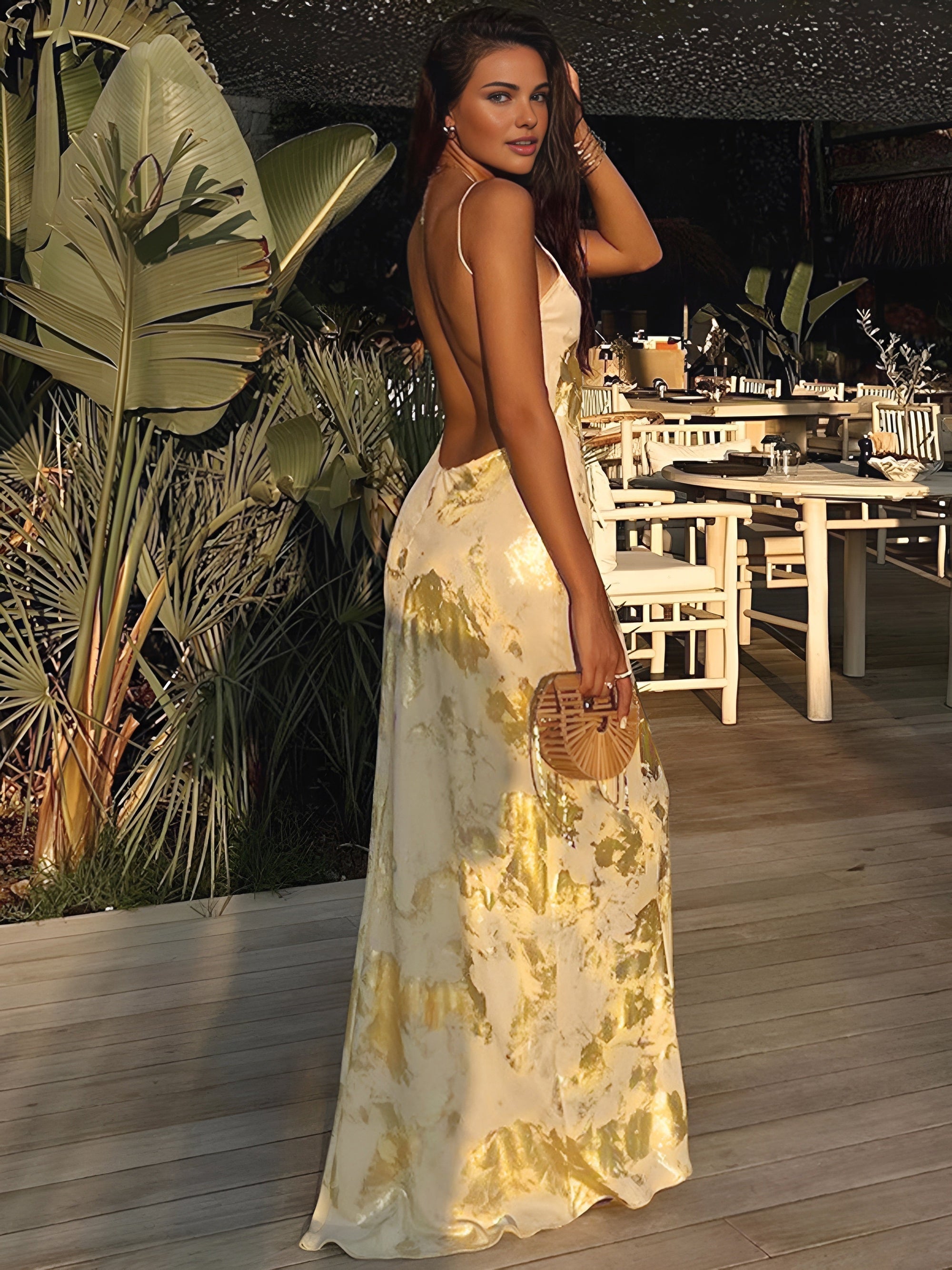 Metallic Gown - Plunging Neck, Gold Accents