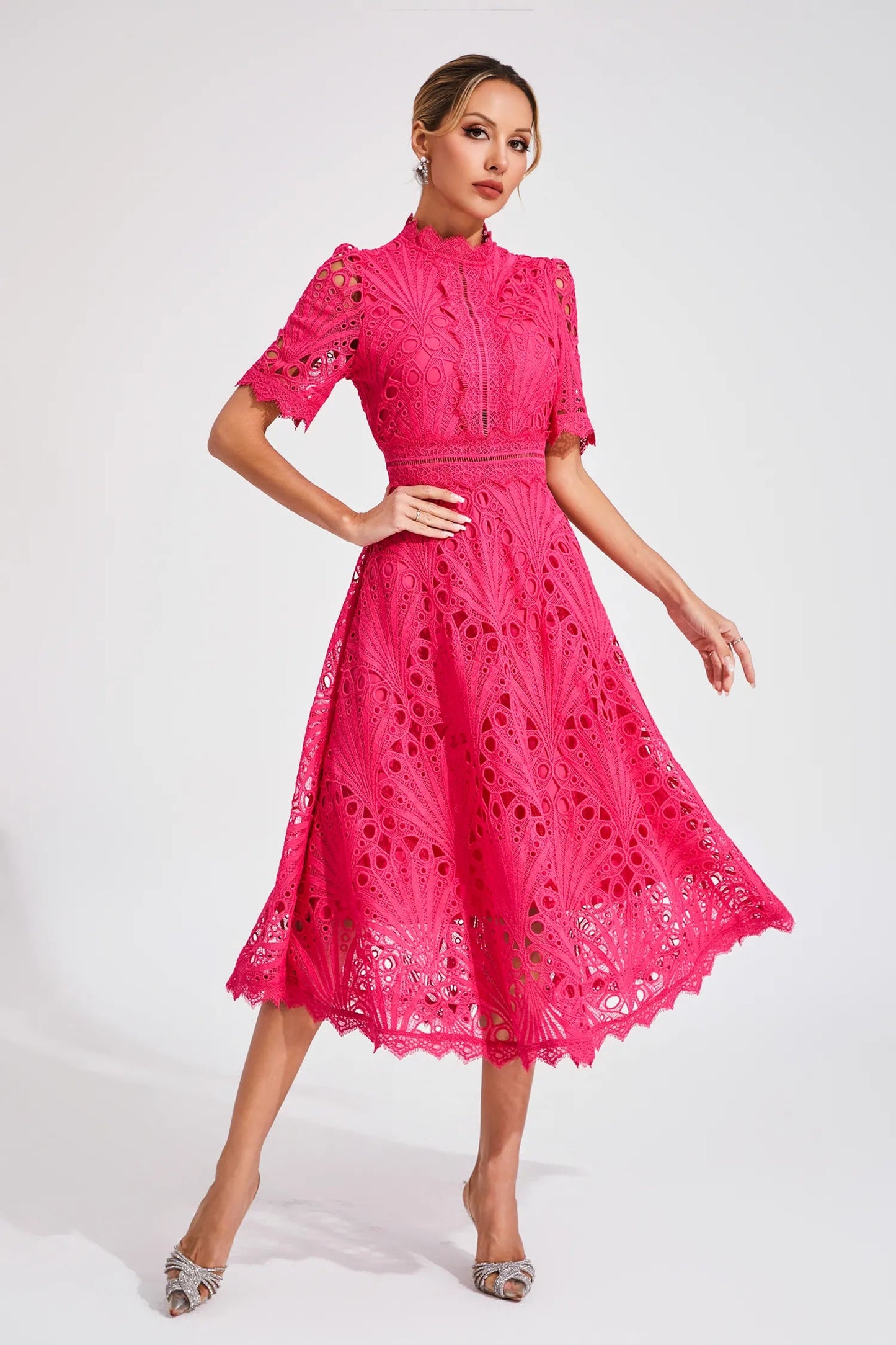 Women's Lace Midi Dress – High Neckline, Short Sleeve, Cut-Out Detail-83326-d18bc645-3f3d-49d7-be75-a0722ca27098