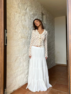 Lace Two-Piece Set - Flared Sleeves, Tiered Skirt