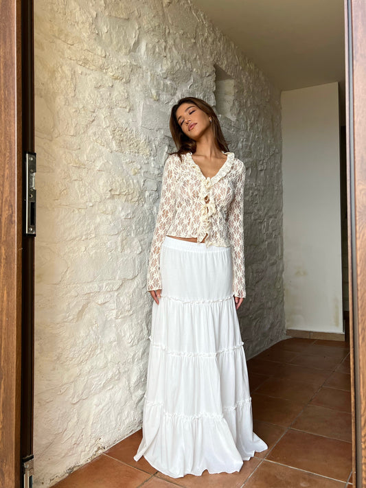 Lace Two-Piece Set - Flared Sleeves, Tiered Skirt