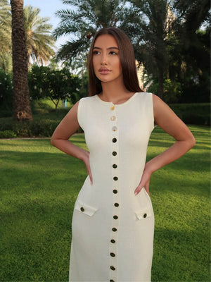 Ribbed Knit Midi Dress with Gold Buttons