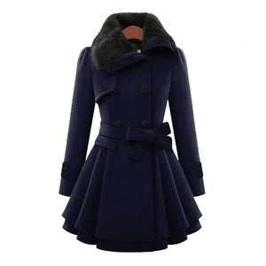 Women's Double-Breasted Winter Coat – Faux Fur Collar, Flared Skirt, Waist Belt Detail-82347-d3a8113f-99a9-4977-8437-6e8abedad80e
