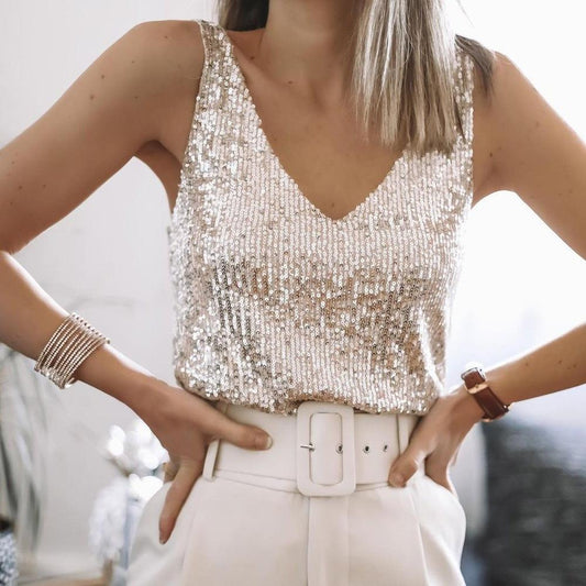 Sequin Shimmer V-Neck Sleeveless Top