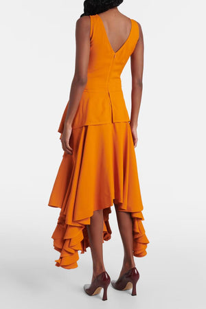 Ruffled High-Low Dress with V-Neck
