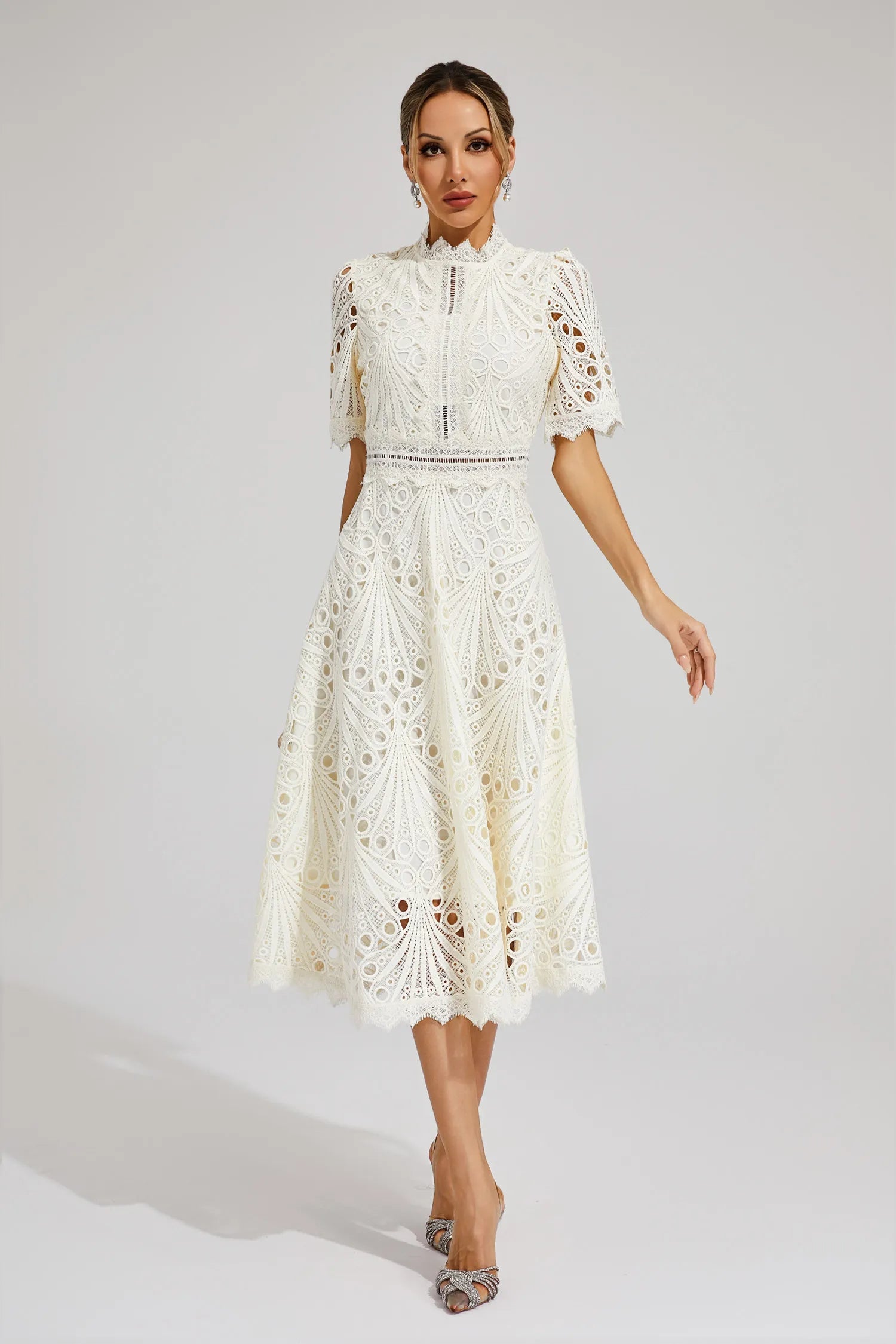 Women's Lace Midi Dress – High Neckline, Short Sleeve, Cut-Out Detail-83326-d5738900-4099-44d8-b2dc-e7135e4faf1d