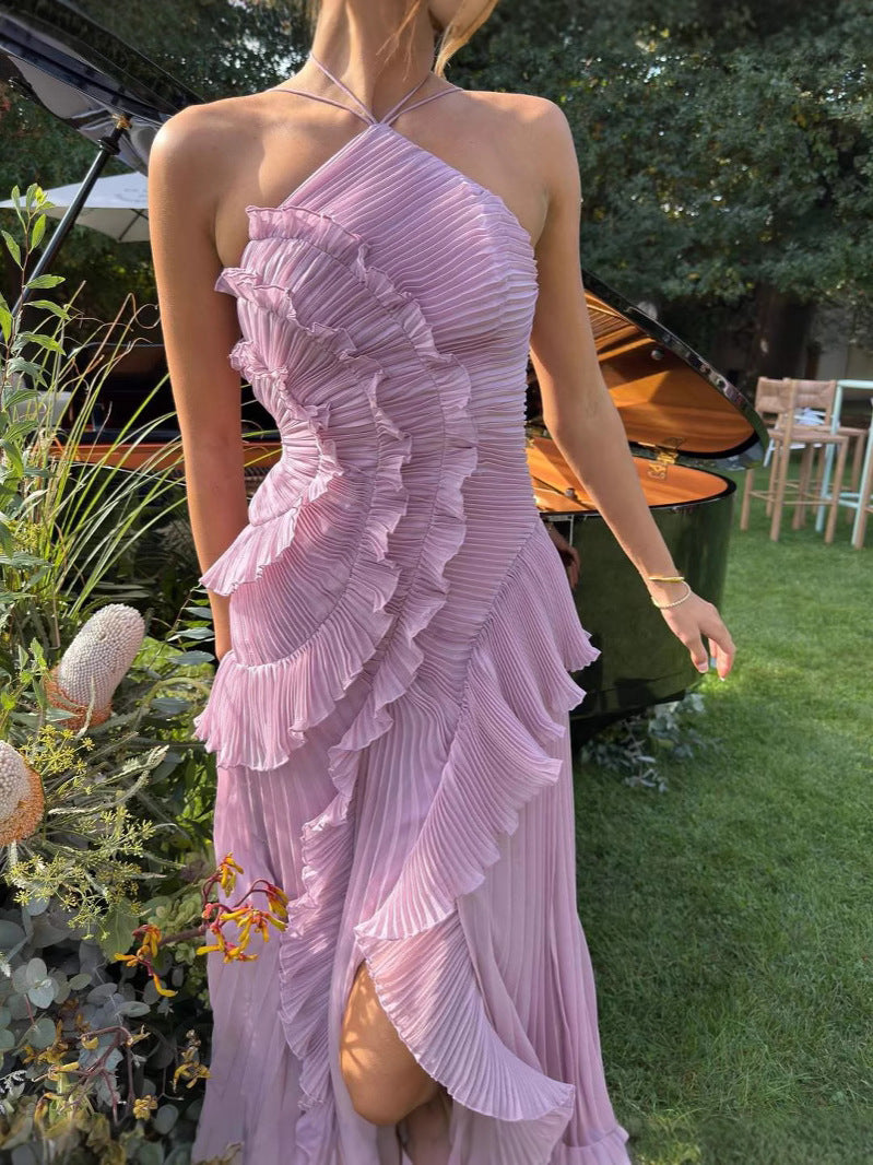 Women's Pleated Halter Dress – Ruffle Detail, Elegant Silhouette-83561-d5eb9832-21c9-43a6-a56a-180b7b109c02