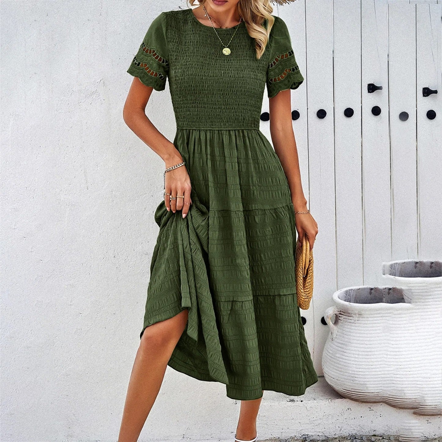 Women's Eyelet Smocked Tiered Mini Dress - Casual Summer Style-81836-d66e1171-4d59-4fc1-8d4e-6d22a96822b0