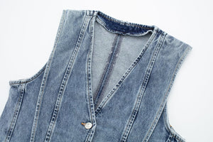 Structured Denim Vest with V-Neck Detail