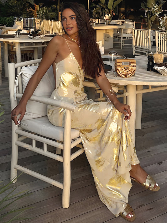 Metallic Gown - Plunging Neck, Gold Accents