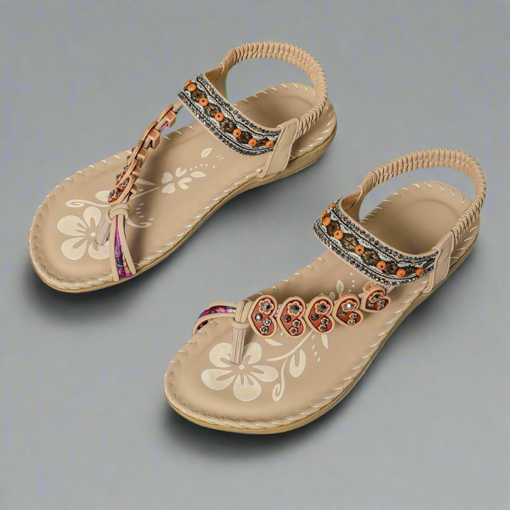 Women's Flat Sandals – Floral Bead T-Strap, Elastic Ankle-83364-d8317ed5-e0f8-49b7-abcb-a852c94e5875