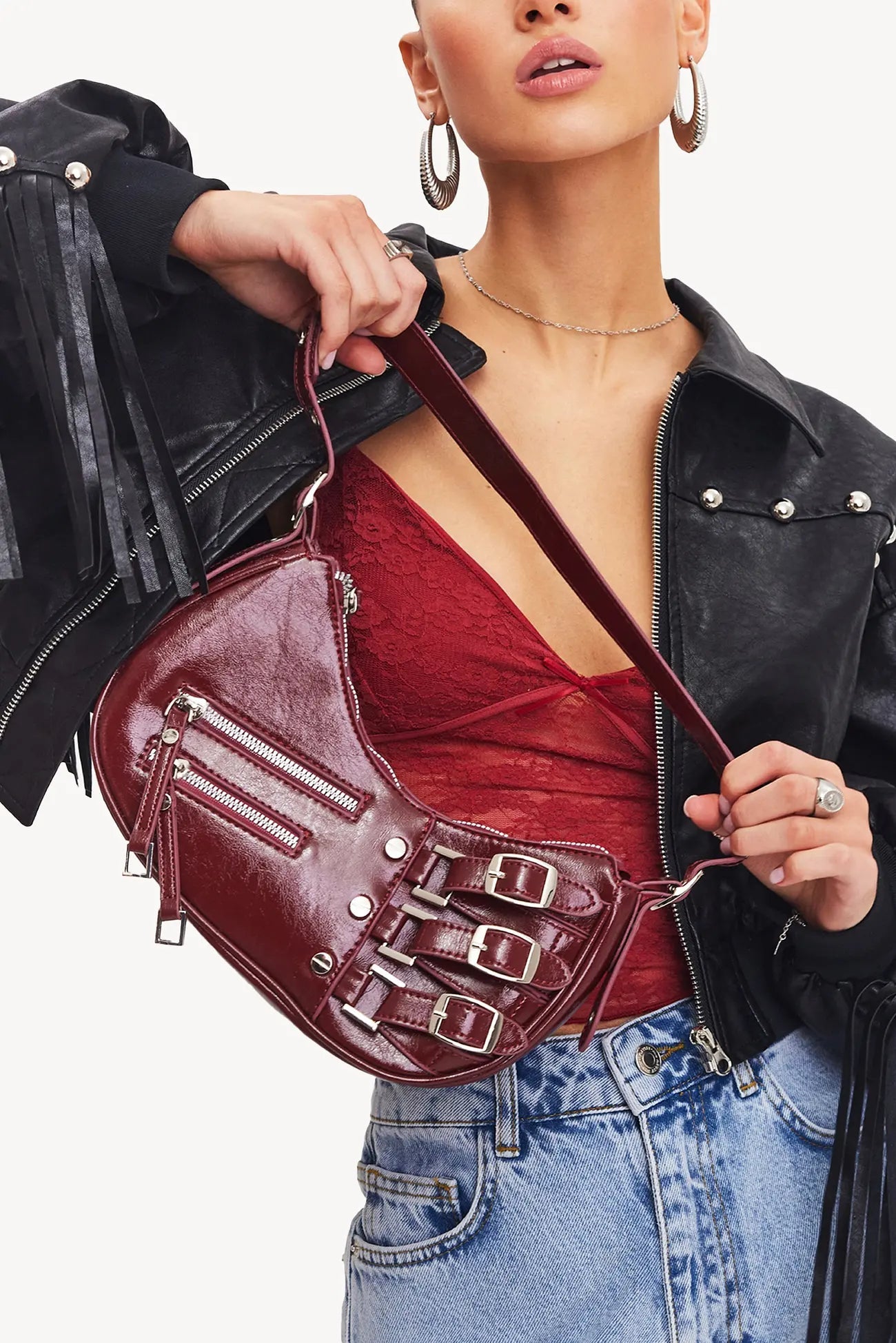Buckled Baguette Bag with Zippered Detail