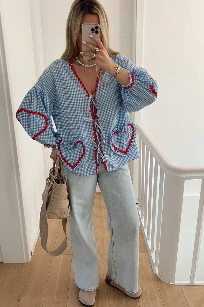 Women's Gingham Blouse – Heart-Shaped Pockets, Red Trim, Tie-Front, Long Sleeve-83307-dc02464b-735b-4217-89df-f7e41f76e62a