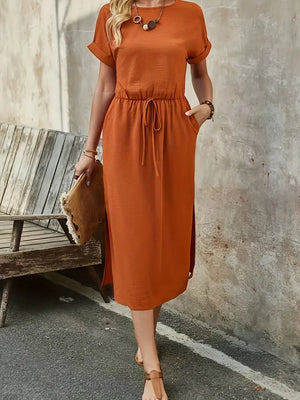 Textured Midi Dress - Drawstring Waist Slit