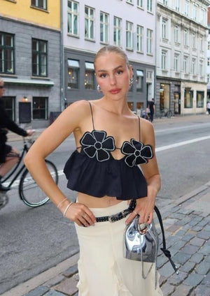 Floral Appliqué Halter Top with Peplum