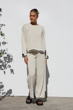 Relaxed Knit Set - Wide Leg Pants, Cream