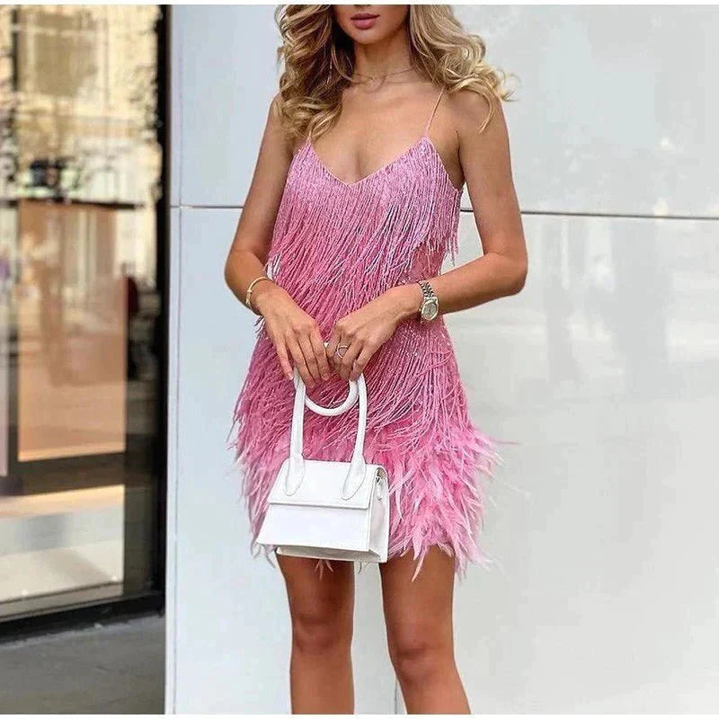 Women's Mini Dress – Feather Trim Fringe Spaghetti Strap-83329-dfa02ad5-6699-410b-bddc-4e8290b37919