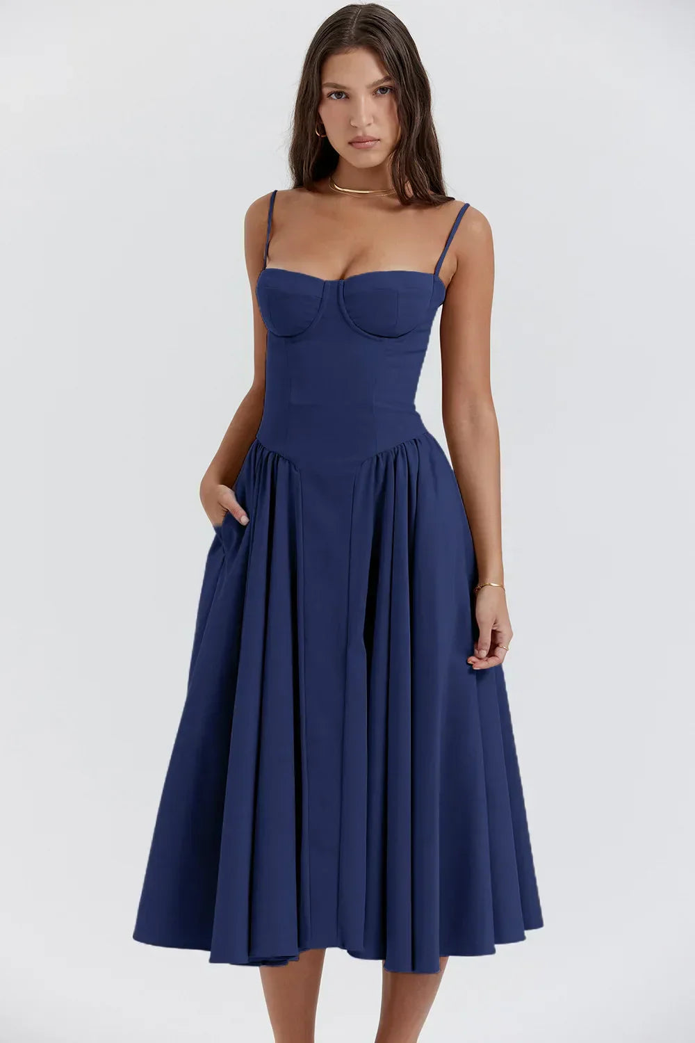 Women's Midi Dress – Pleated Skirt, Structured Bodice, Pockets-83506-dfd19c07-65b1-4957-b2ac-a283e9d90316