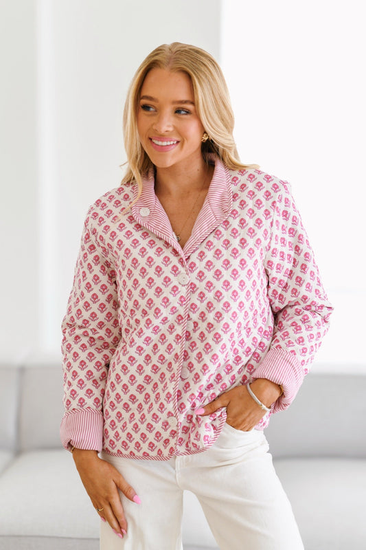 Floral Button-Down Blouse with Striped Trim