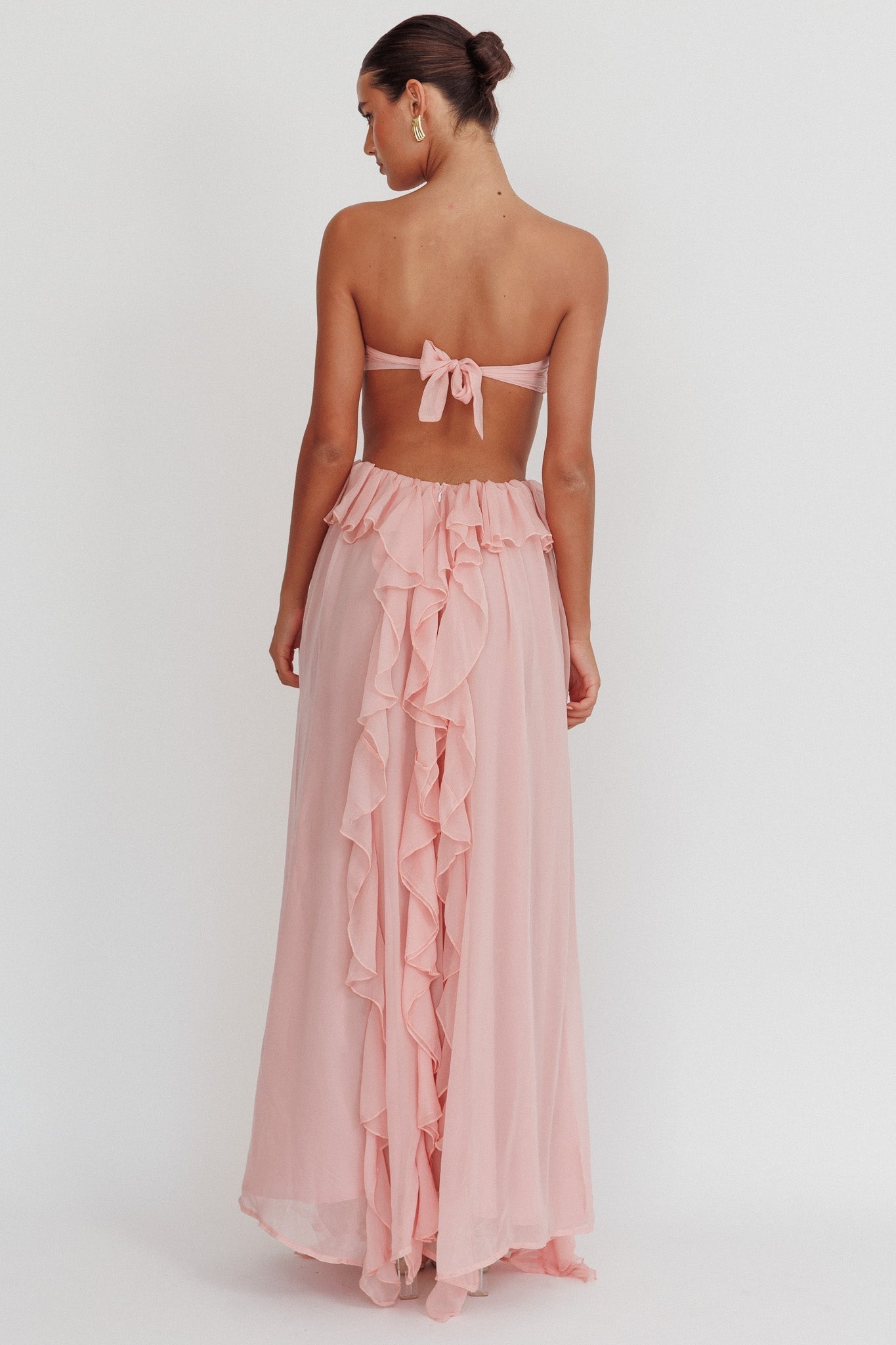 Women's Strapless Ruffle Cut-Out Flowing Dress - Elegant Occasion-83518-e16f8697-fd00-4d5e-8e2b-4508c40bdb55