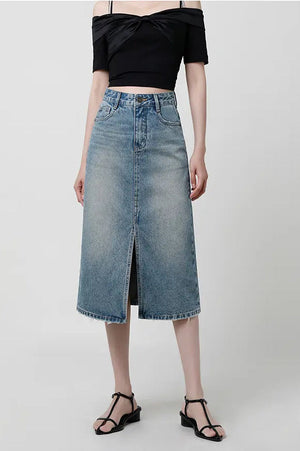 Vintage Wash Midi Skirt with Front Slit