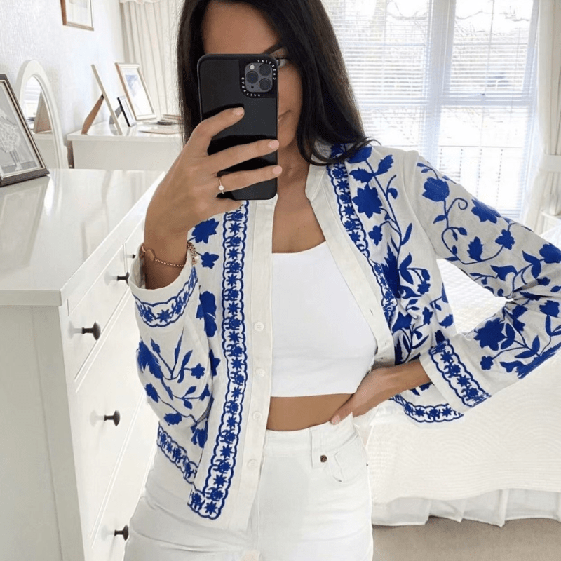 Bohemian Embroidered Cotton Button-Down Jacket
