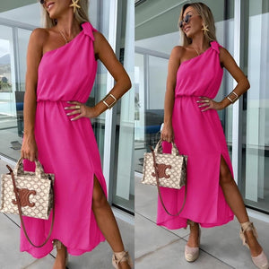 Women's One-Shoulder Maxi Dress – Asymmetrical Neckline, Side Slit, Waist Tie-83342-e3f97f0e-75ae-4670-a65f-d384a4a2a926