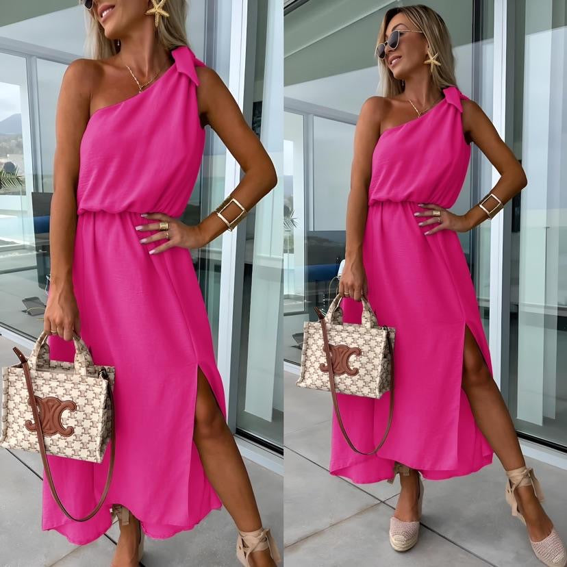Women's One-Shoulder Maxi Dress – Asymmetrical Neckline, Side Slit, Waist Tie-83342-e3f97f0e-75ae-4670-a65f-d384a4a2a926