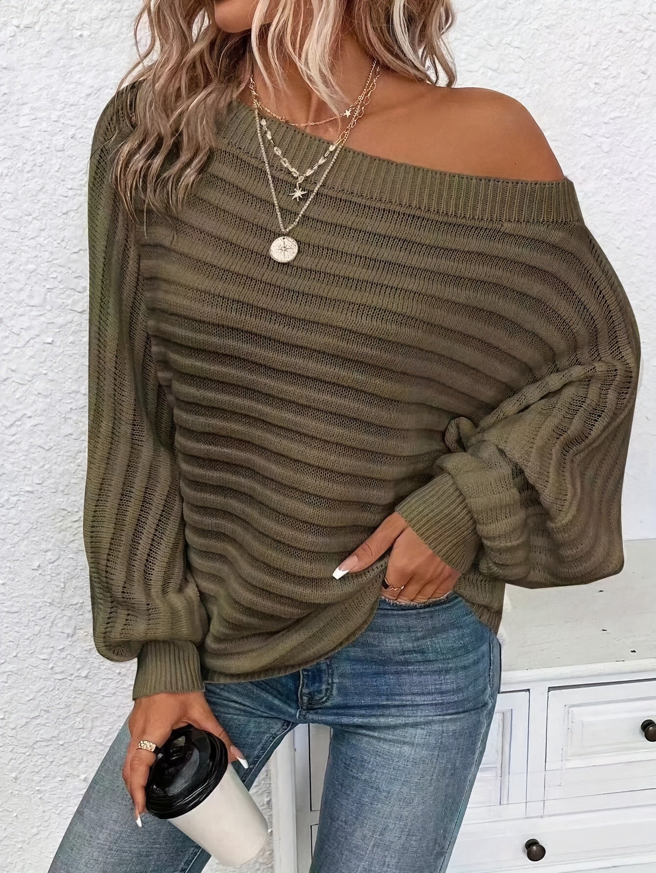 Women's Ribbed Knit Off-Shoulder Dress – Long Sleeve, Versatile Style-74368-e505ed07-5504-4a85-a2f2-b3eef277c3e6