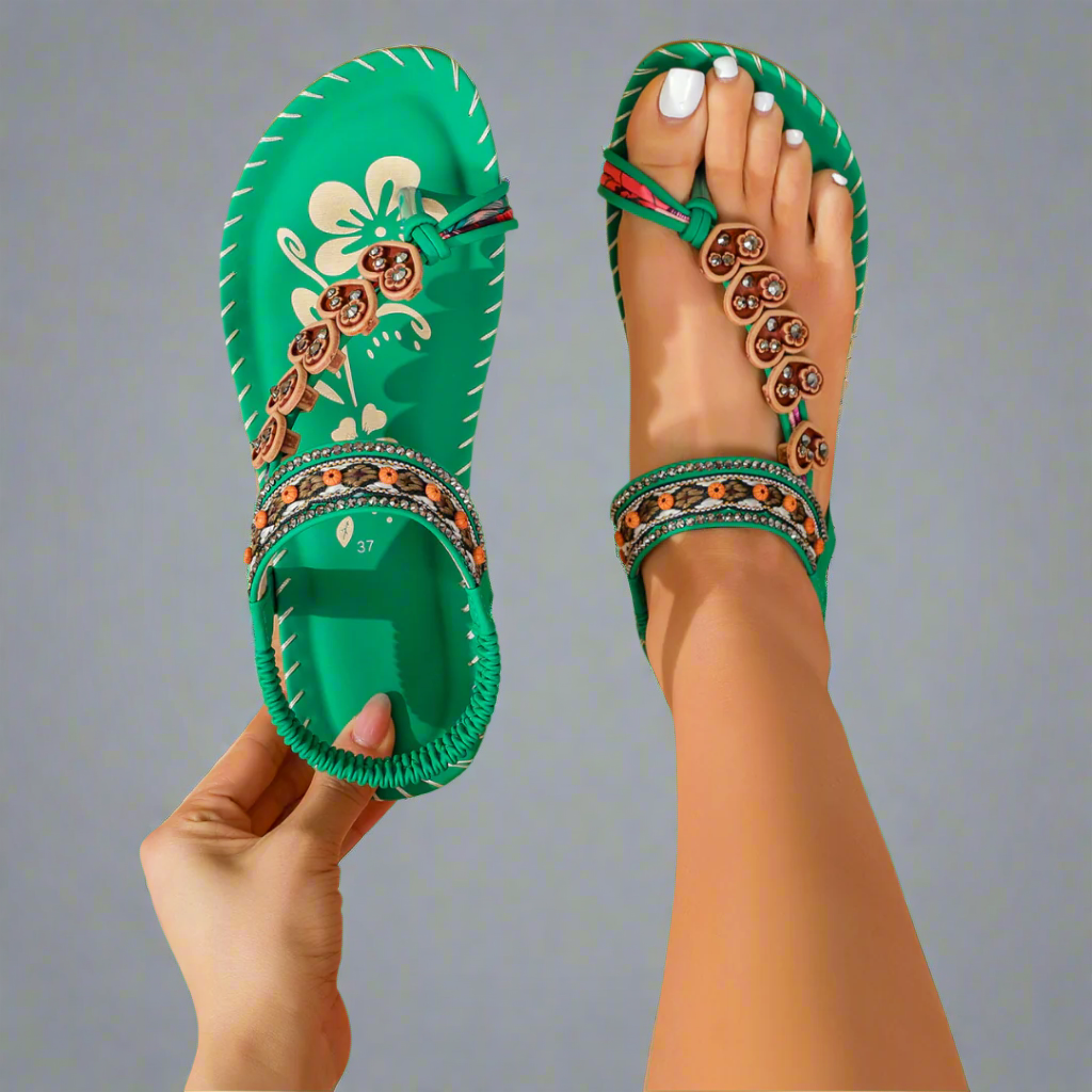 Women's Flat Sandals – Floral Bead T-Strap, Elastic Ankle-83364-e601c840-344b-4f28-9d9b-842bd61df333