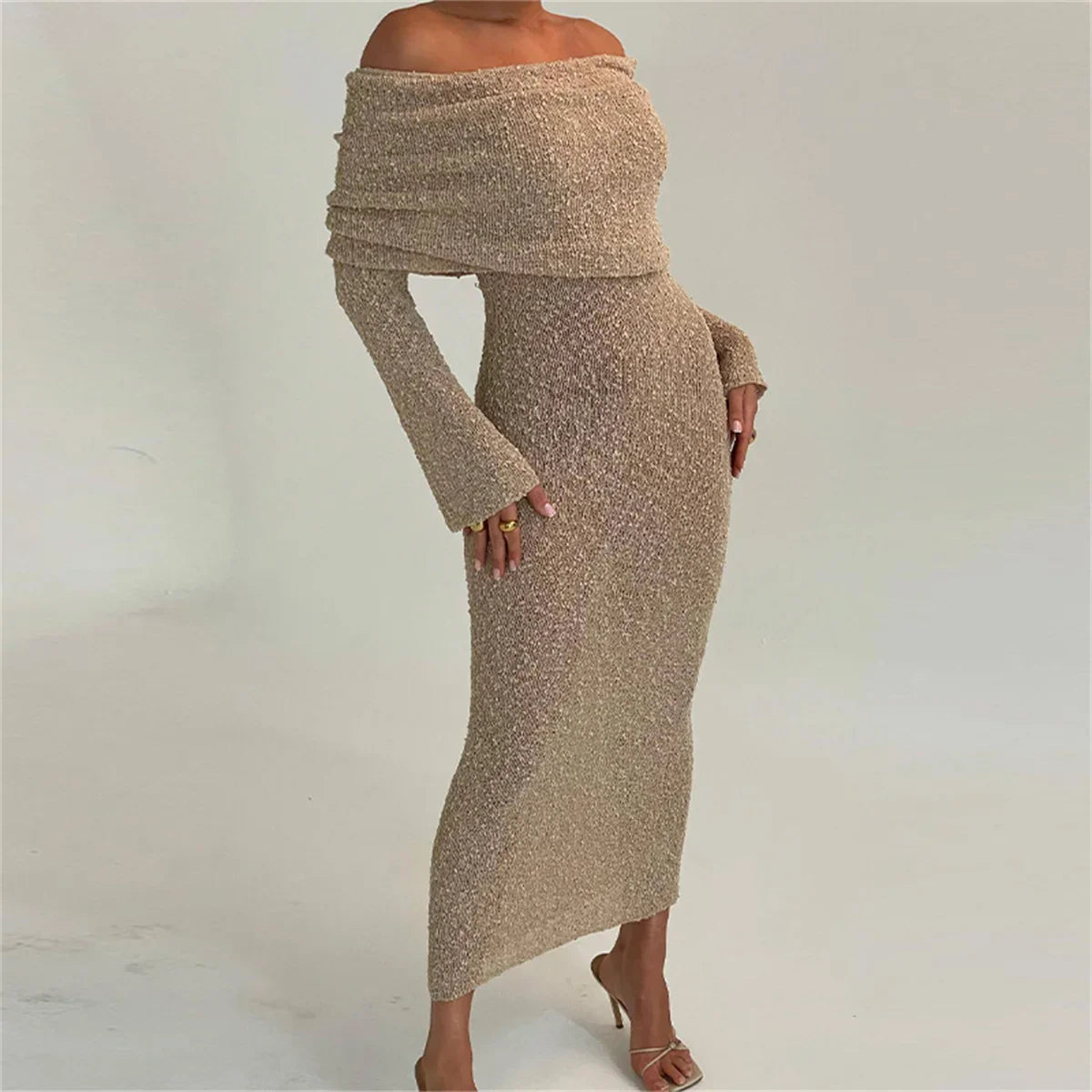 Shimmering Off-Shoulder Midi Dress