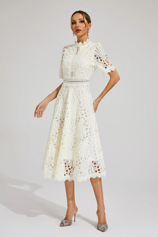 Women's Lace Midi Dress – High Neckline, Short Sleeve, Cut-Out Detail-83326-e89ad2c0-e19c-4047-b299-5db089725c14