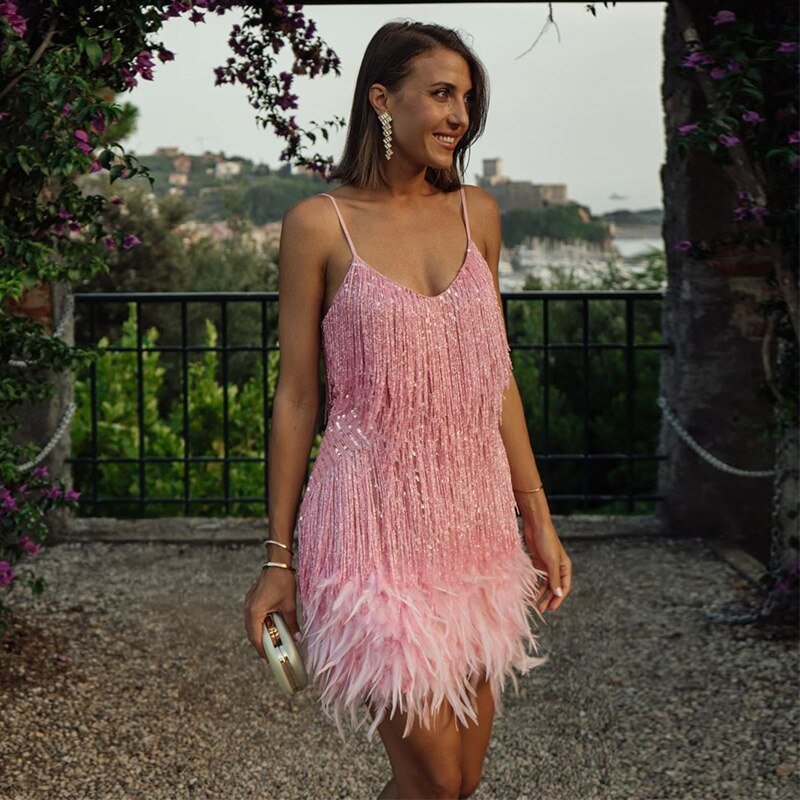 Women's Mini Dress – Feather Trim Fringe Spaghetti Strap-83329-ea554334-1798-4674-8621-c84428bc26e7