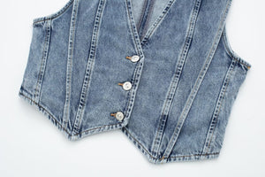 Structured Denim Vest with V-Neck Detail