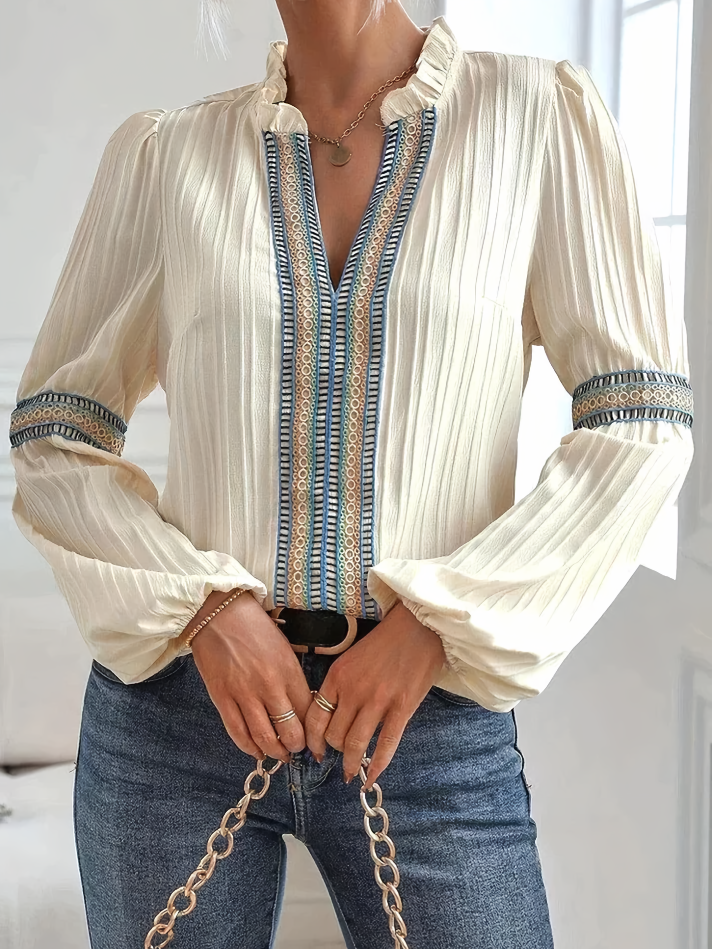 Embroidered V-Neck Blouse - Pleated Texture