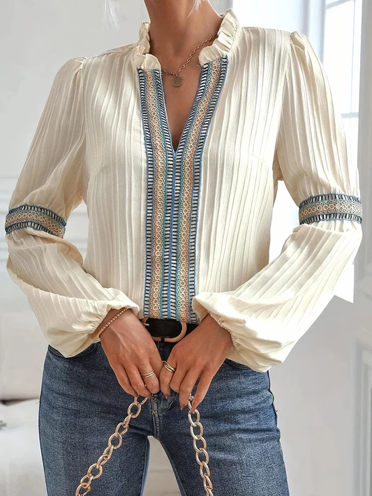 Embroidered V-Neck Blouse - Pleated Texture