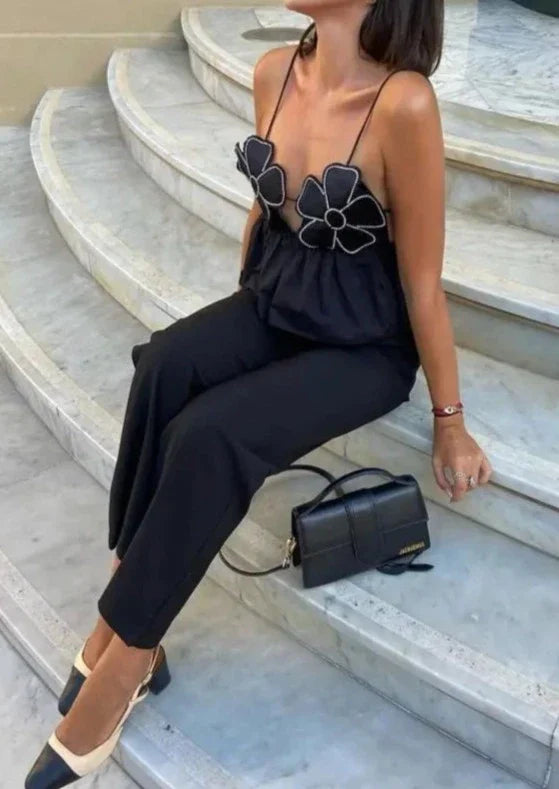 Floral Appliqué Halter Top with Peplum