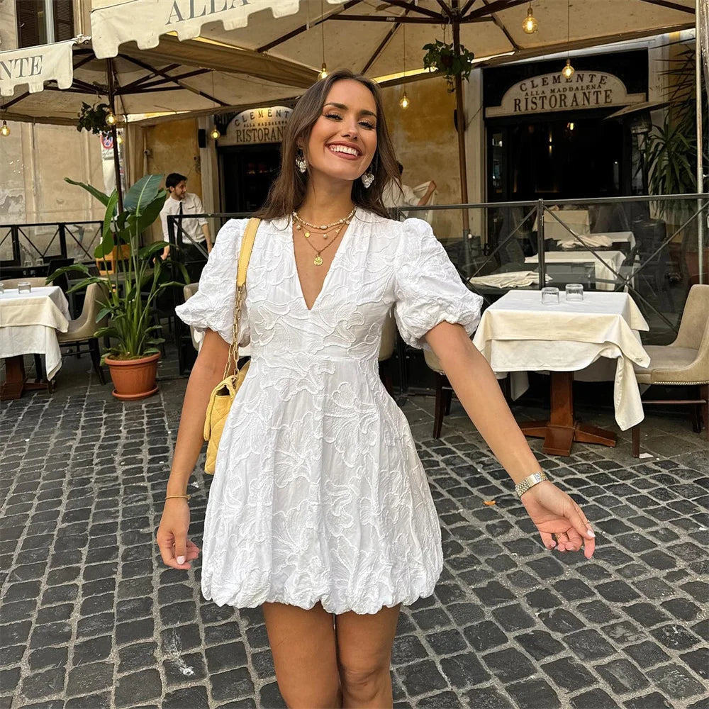 Women's White Embroidered V-Neck Short-Sleeve Dress, Feminine Summer Style-83645-edd8ec81-5146-42cd-93b9-19dd476f722a