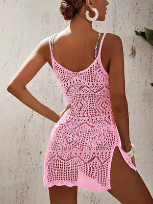 Women's Crochet Knit Mini Dress – Open Knit, Spaghetti Strap, Slit Detail, Beach Cover-Up Style-82580-ef9da4dc-6c03-49a8-b9f7-6ffcd3403ae9